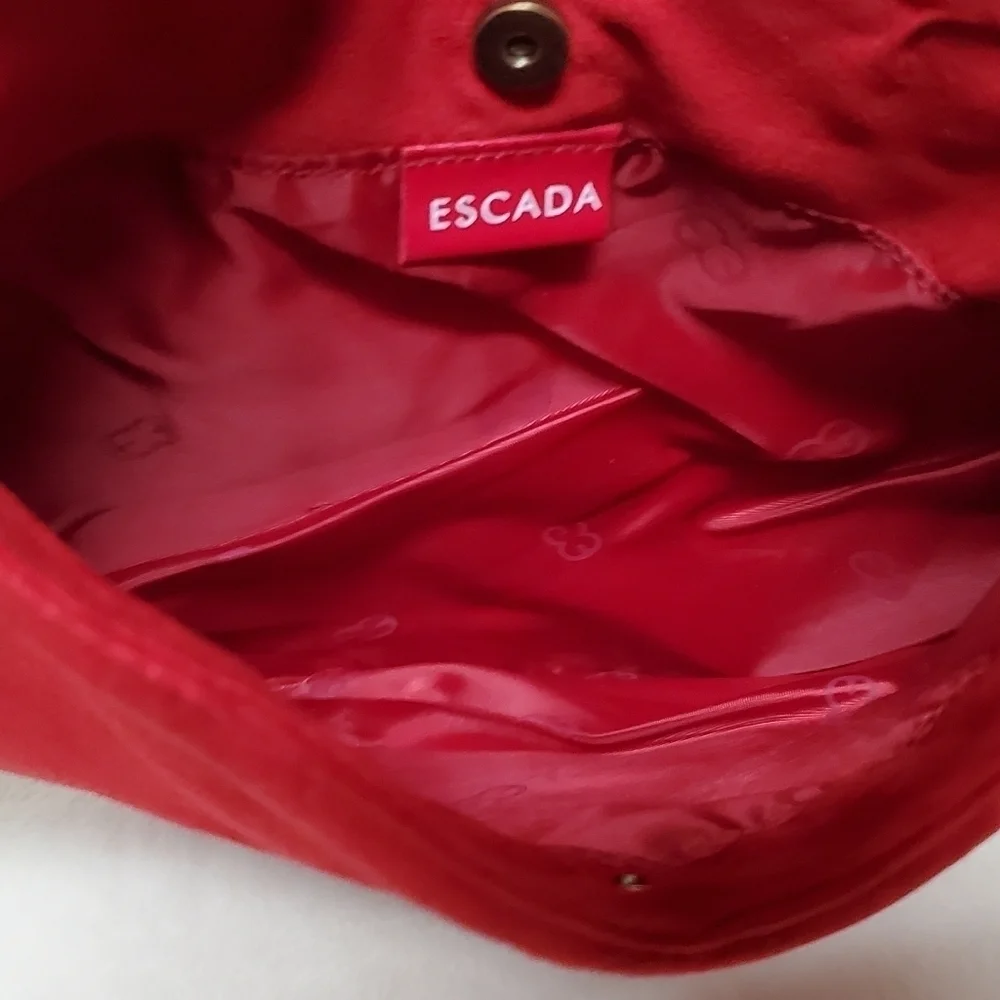 Vintage Escada Red Velvet Bronze Logo Sweetheart Knotted Strap Handbag